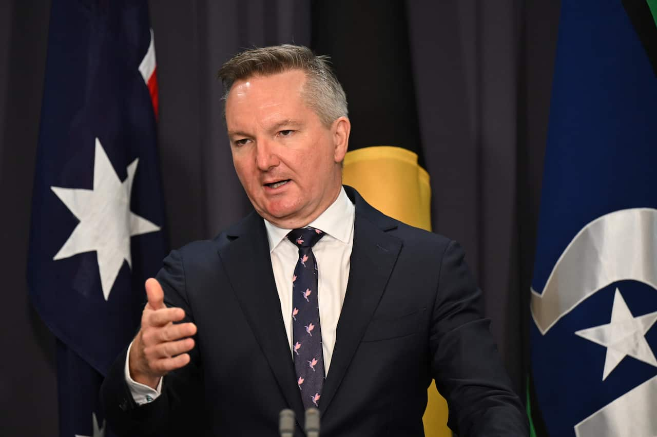 Chris Bowen in a dark suit and a floral tie.