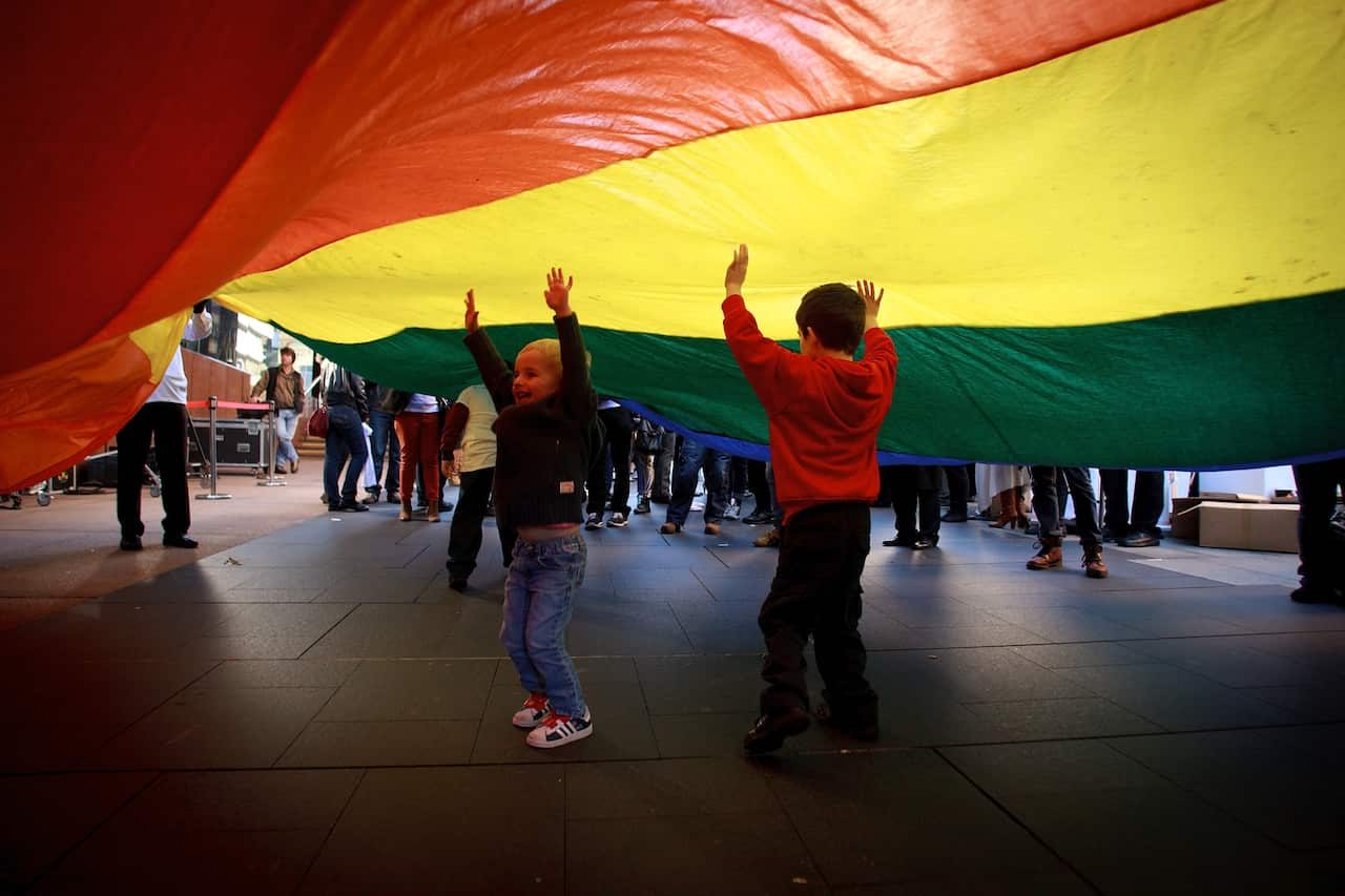 An LGBTQI+ flag with children raising their hands in joy