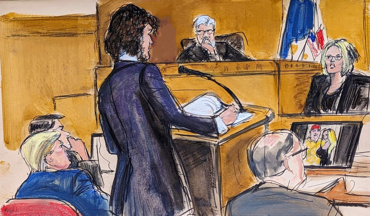 A courtroom sketch showing Stormy Daniels testifying.