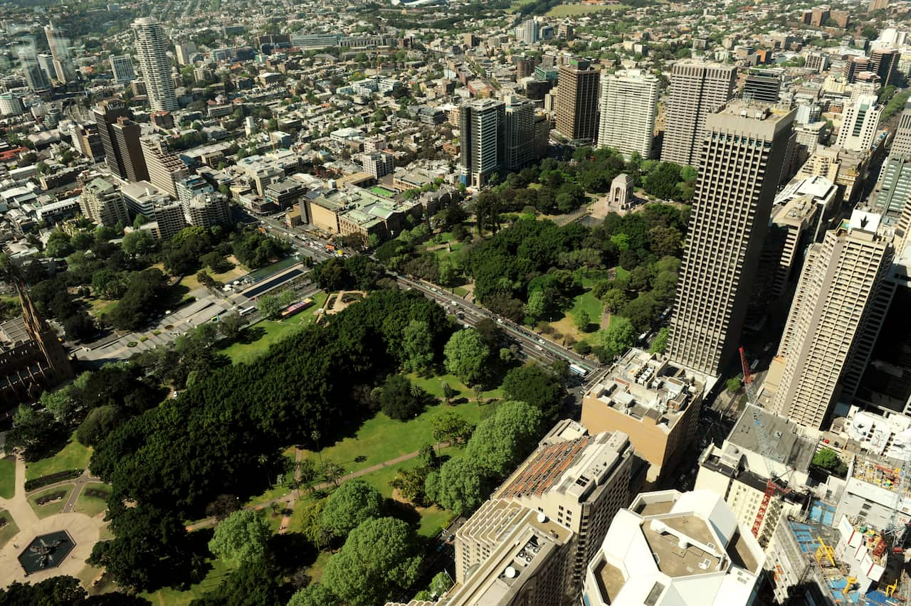 An aerial view of Sydney showing Hyde Park.