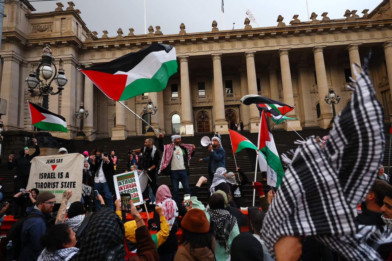 A large group of protesters on the steps of a library, many waving Palestinian flags.