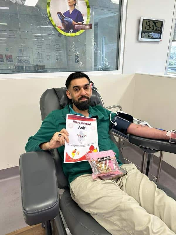 Asif during blood donation on his 34th birthday.