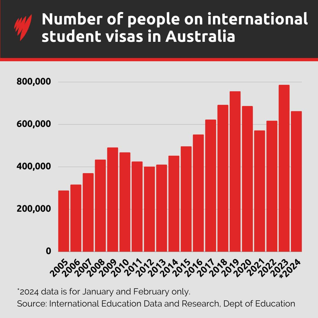 Bar graph showing the number of international students in Australia between 2005-2024