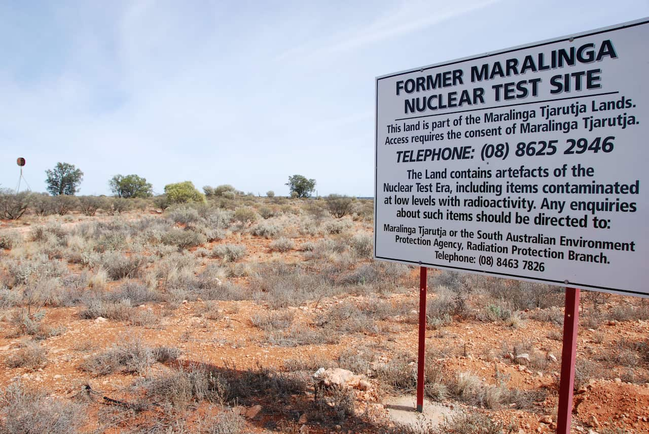 Sign in outback South Australia signalling Former Maralinga Nuclear Test Site.