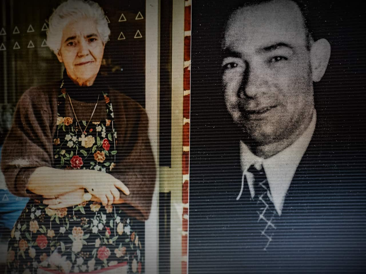 A composite image of woman in a floral apron and a man in a black and white photograph.