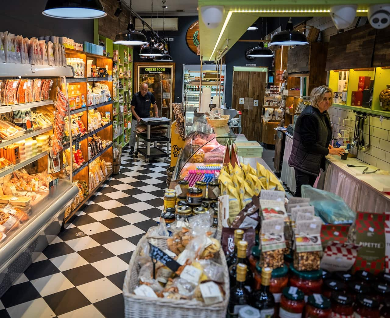 Interior of a European-style delicatessen.