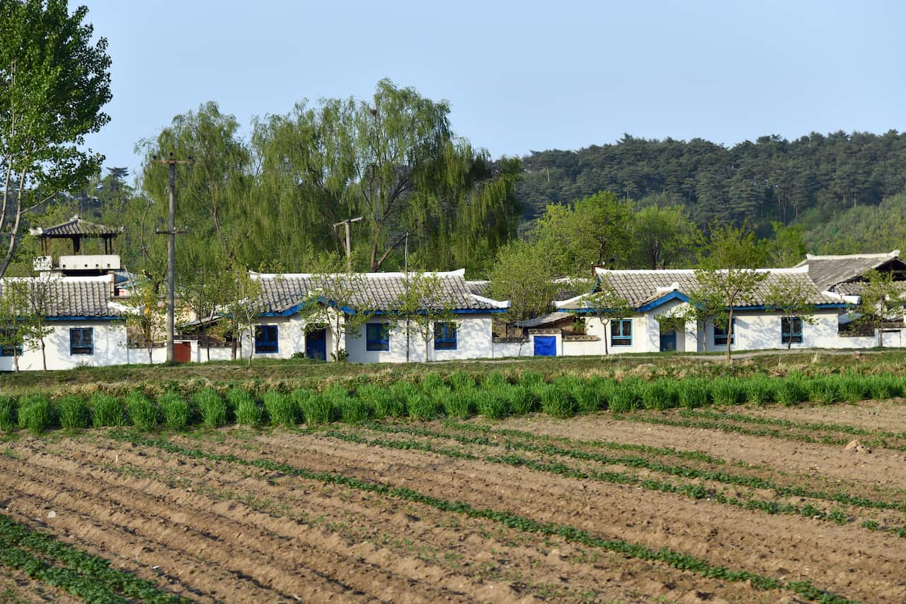 Traditional houses in the North Korean countryside stand alongside ploughed fields.