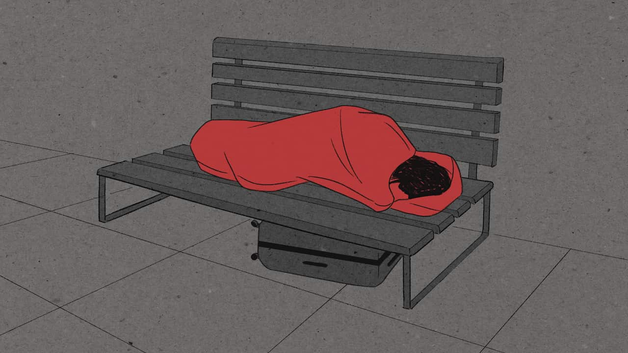 cartoon image of a woman sitting on a bench in a sleeping bag