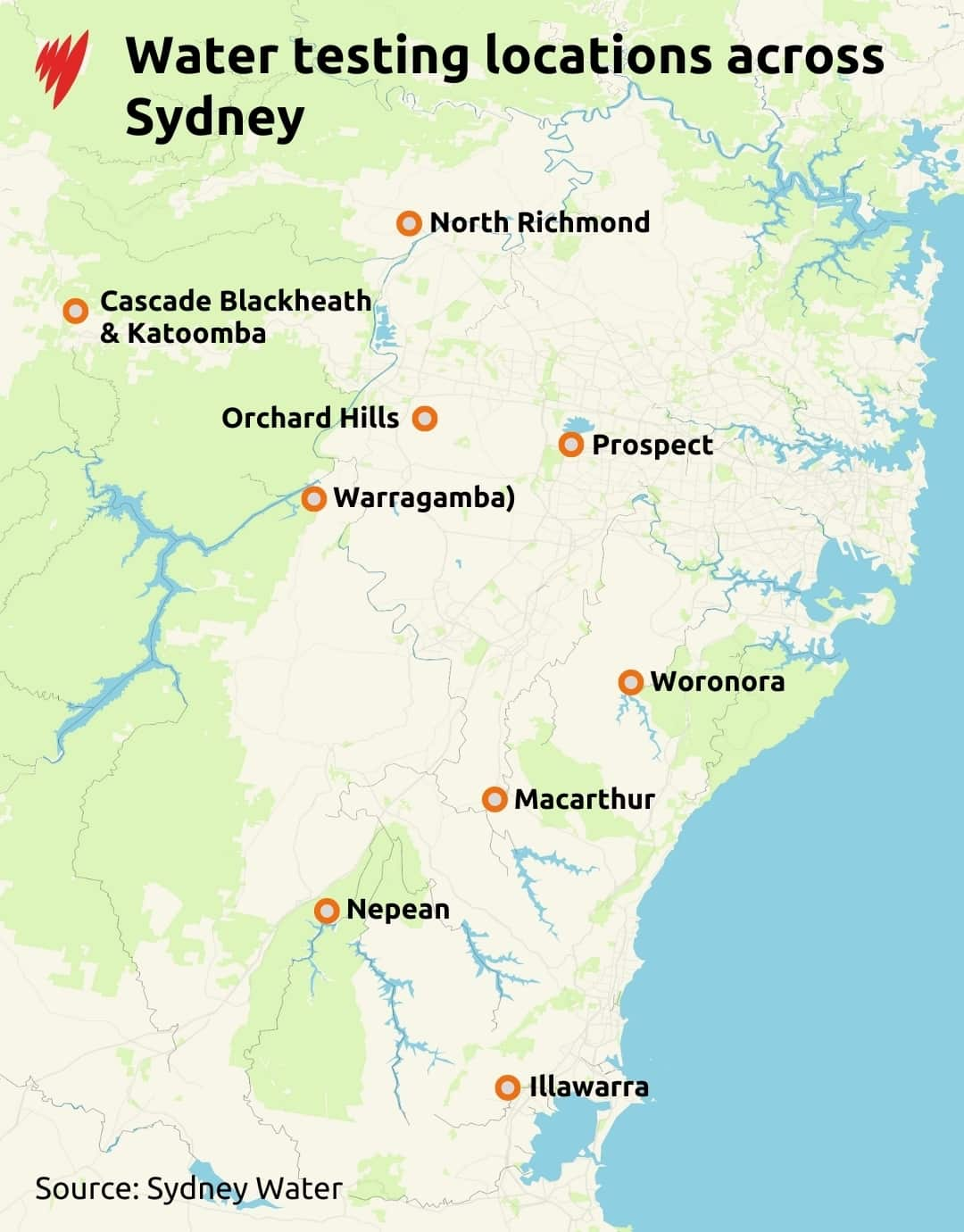 A map showing locations across Sydney where water testing was recently conducted. 