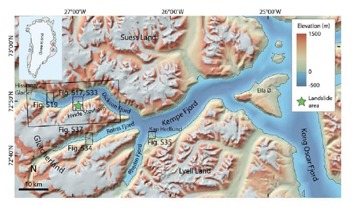 Elevation map annotated with key and coordinates. 