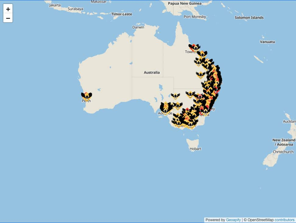 A map of Australia showing where magpies have swooped.