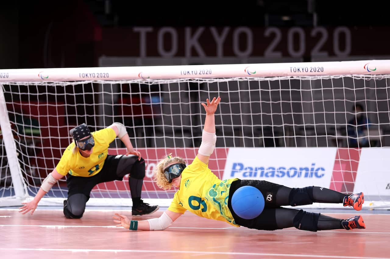 Two Australians play goalball.