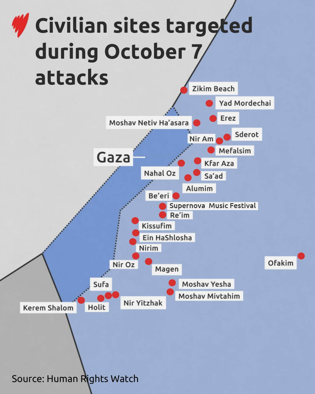 A map showing civilian sites targeted during the October 7 attacks.