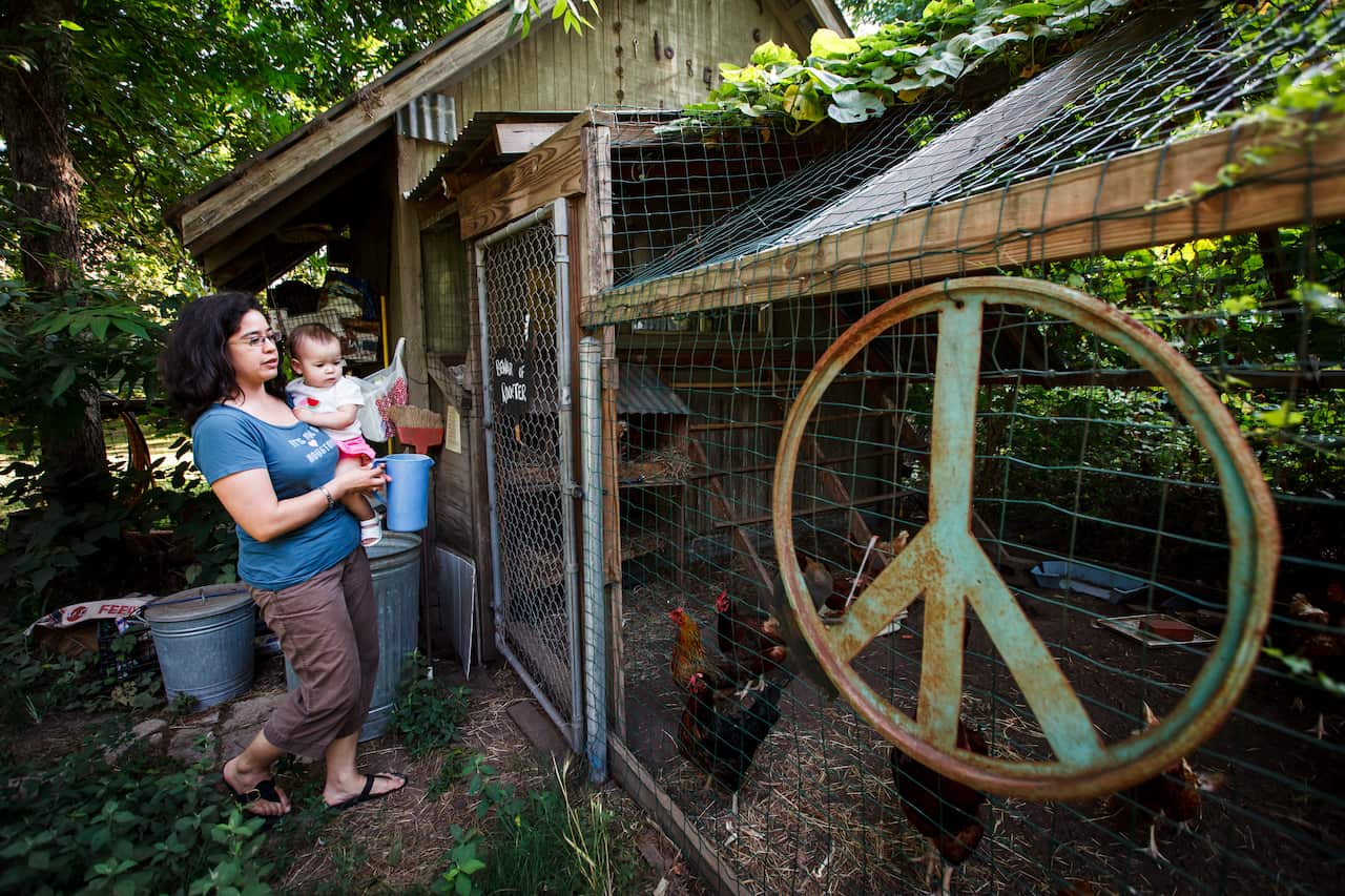 A woman and baby looking at chickens in a coop.
