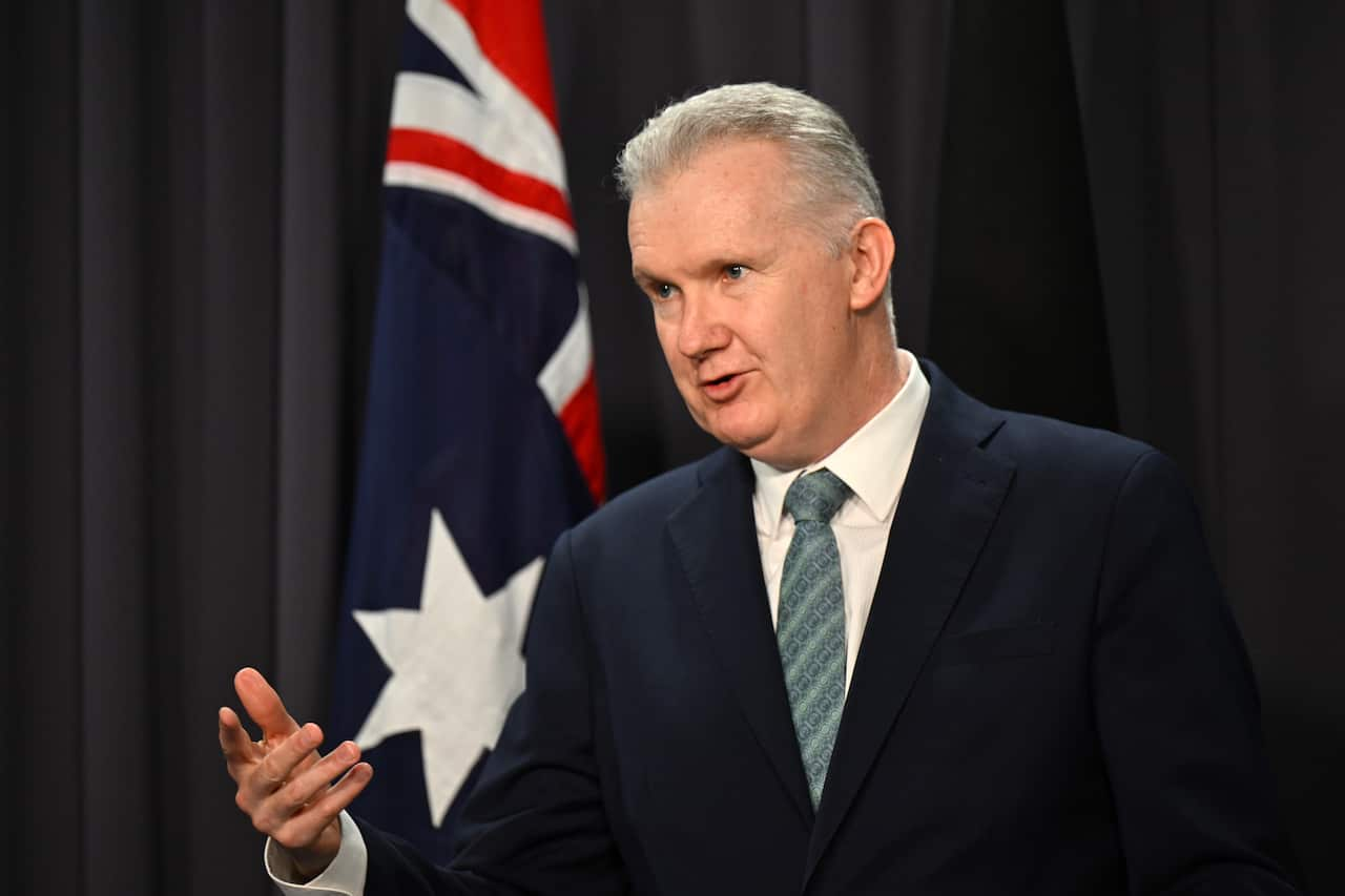 Tony Burke speaking in front of a dark backdrop and Australian flag.