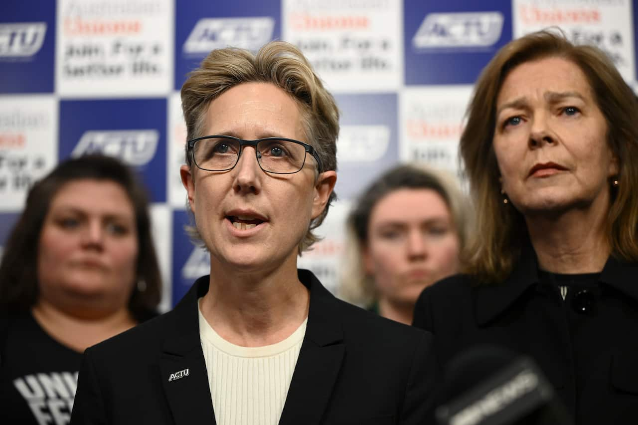 Sally McManus speaking at a press conference. 