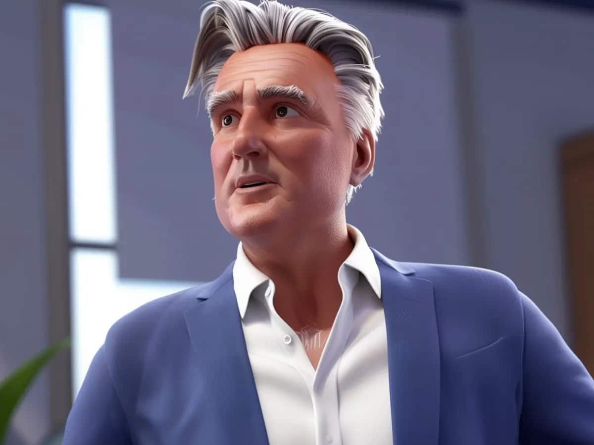 An AI-created image of a man with grey hair, wearing a blue suit jacket and white shirt