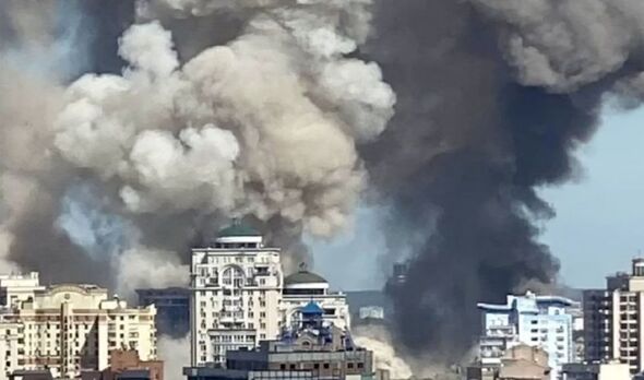 Smoke rises over Kyiv after the missile strikes.