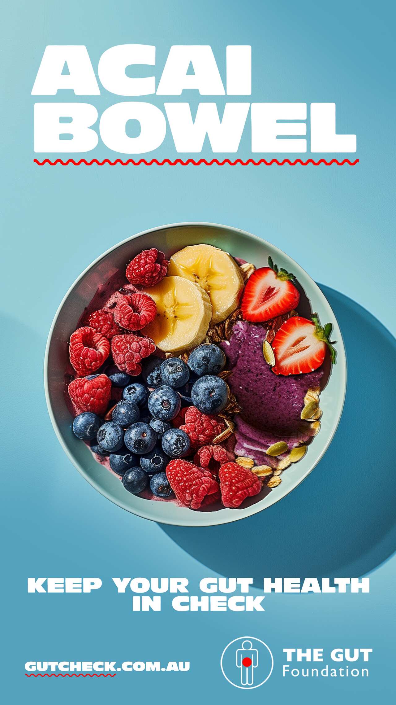 A bowl of acai against a blue background with the words "Acai Bowel" above it.