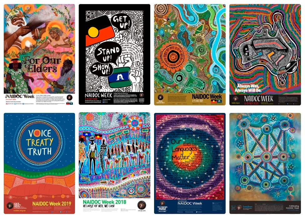 NAIDOC posters for the years 2016 until 2023.