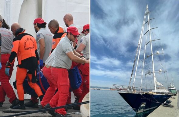 Rescue workers carry a body from a rescue boat and (right) a view of the Bayesian