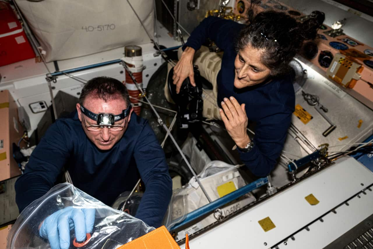 A man and a woman work beside each other in a small technical-looking space