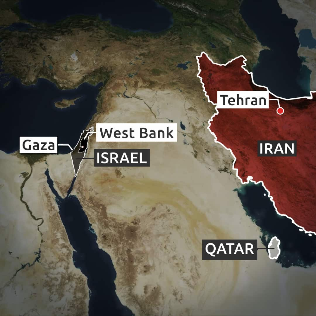 A map of the Middle East showing the locations of Israel, Gaza, the West Bank,, Iran and Qatar.