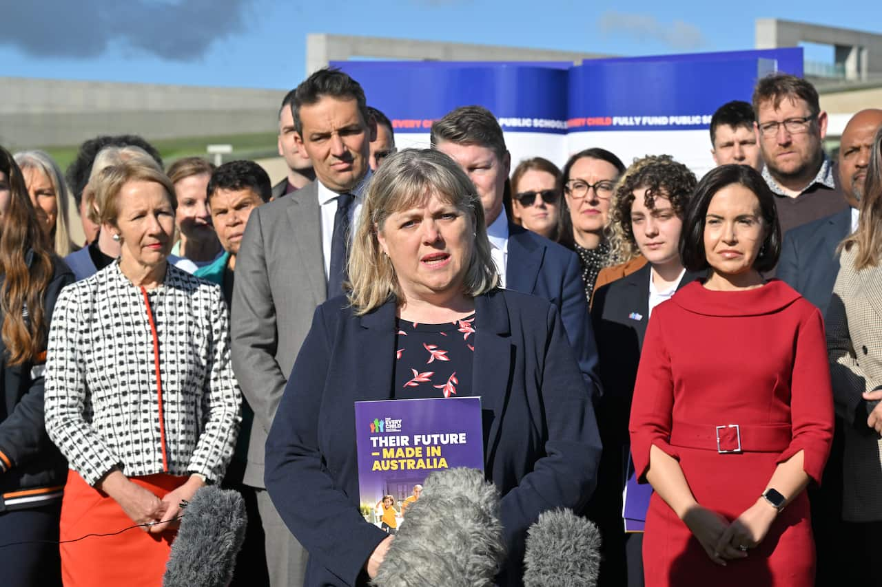 Image of a woman speaking at a gathering outside Parliament House.