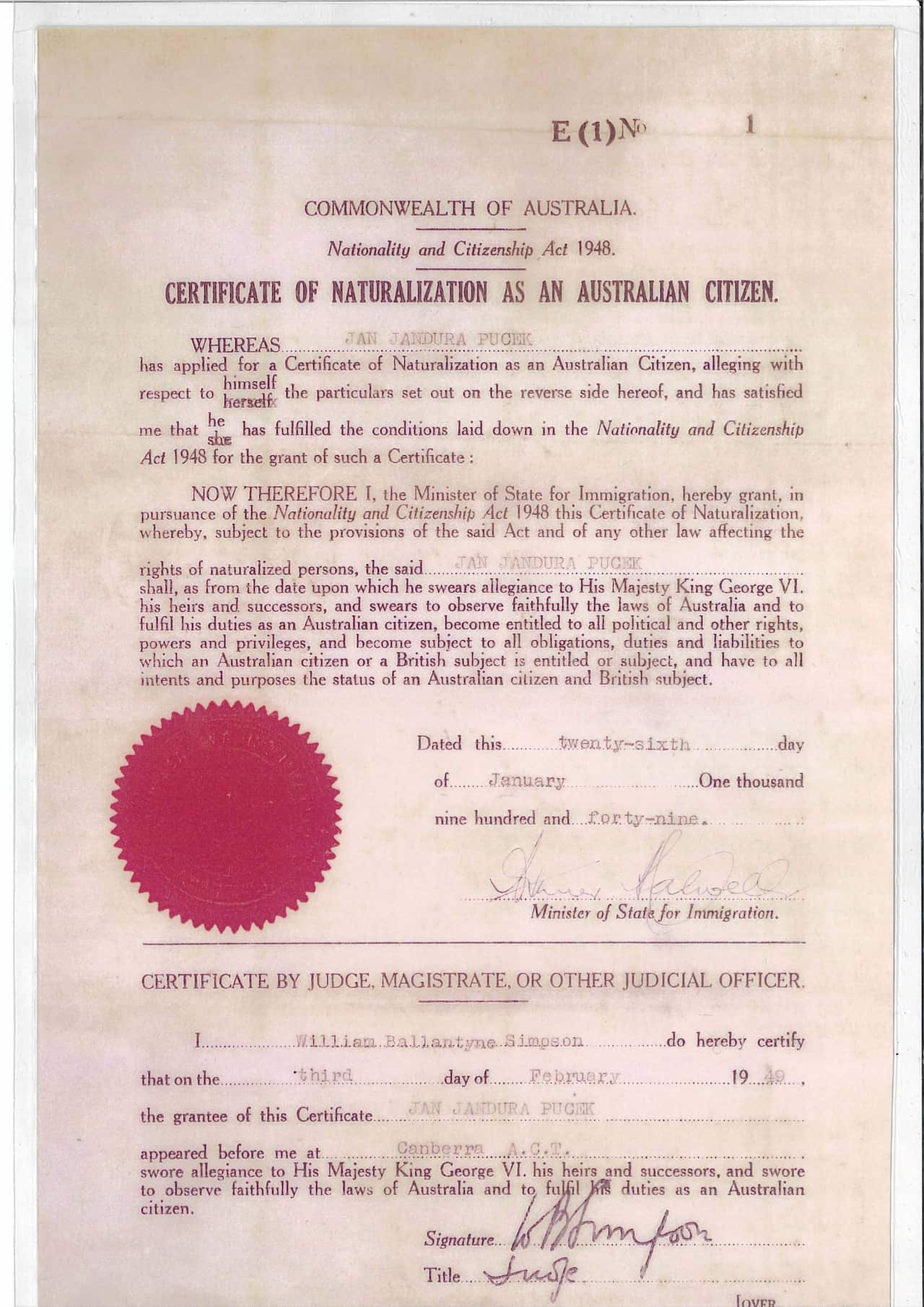  first Australian citizenship certificate 