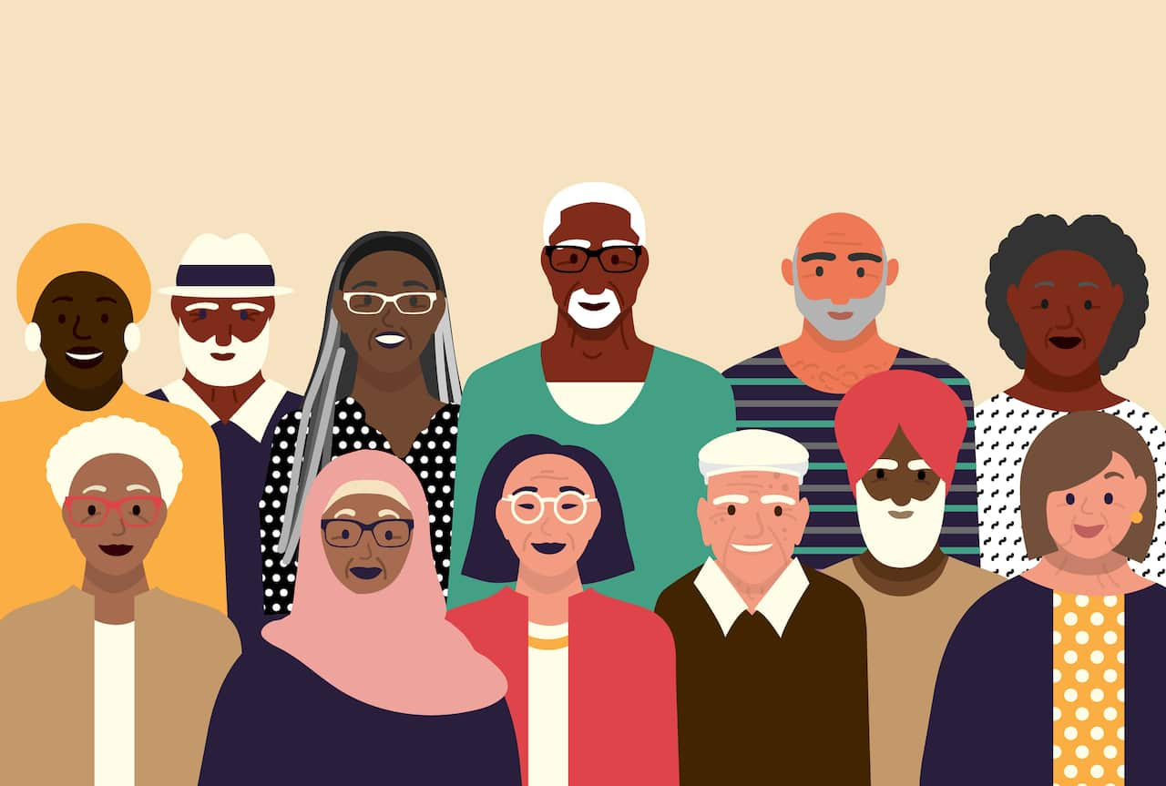 A representative image of multicultural communities living in Australia with both men and women vibrant colors background