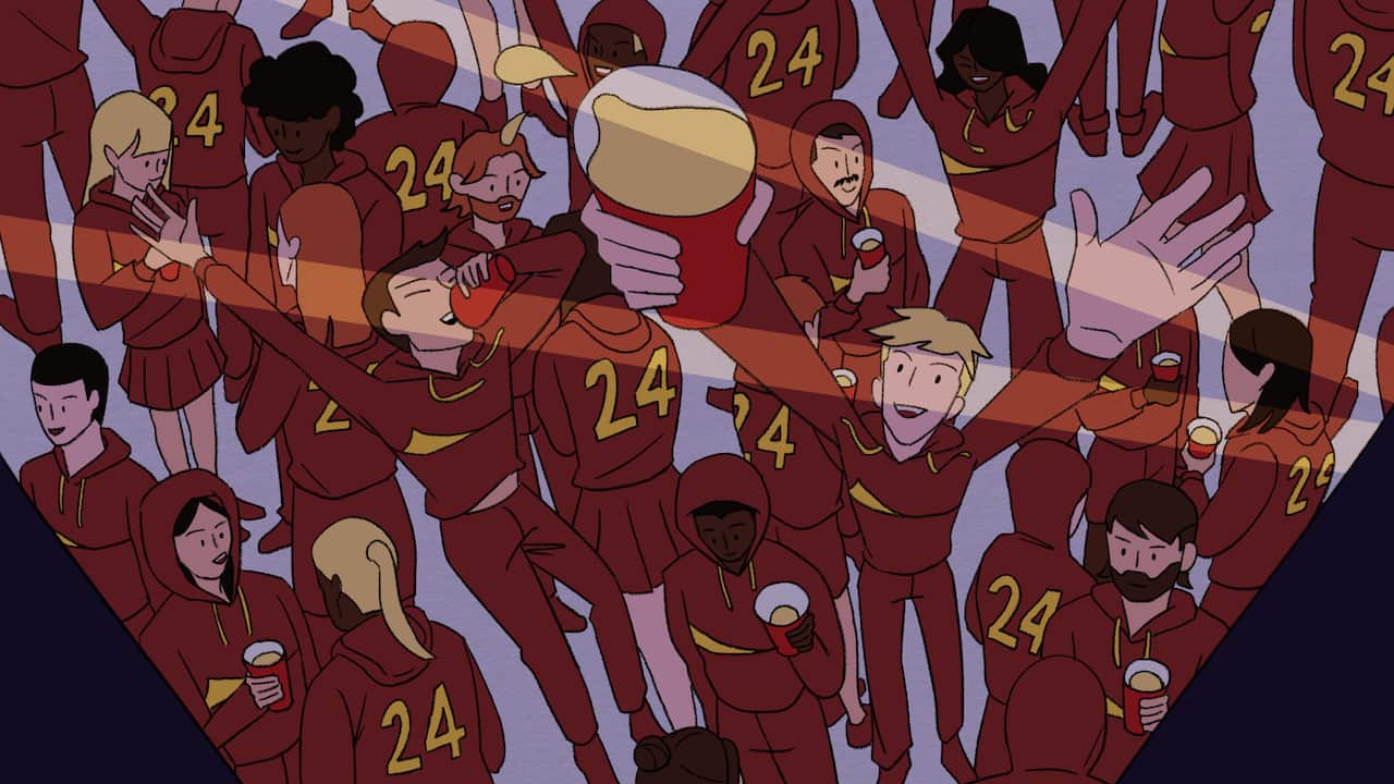 A drawing of a group of young people at a party, all dressed in maroon jumpers with the number 24 written on the back. Many are holding drinks in red cups