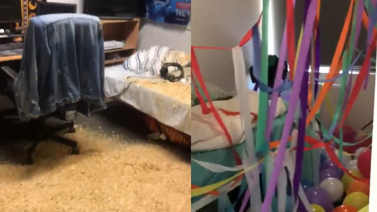 On the left, a dorm room with sawdust all over the ground and bed. On the right, a dorm room filled with colourful paper streamers and balloons