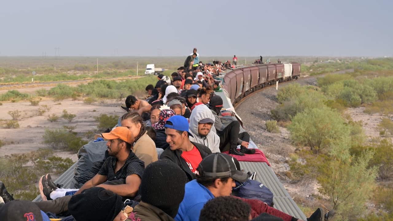 Migrants in hats and hoods ride atop a brown freight train travelling through a a desert landscape dotted with small shrubs. 