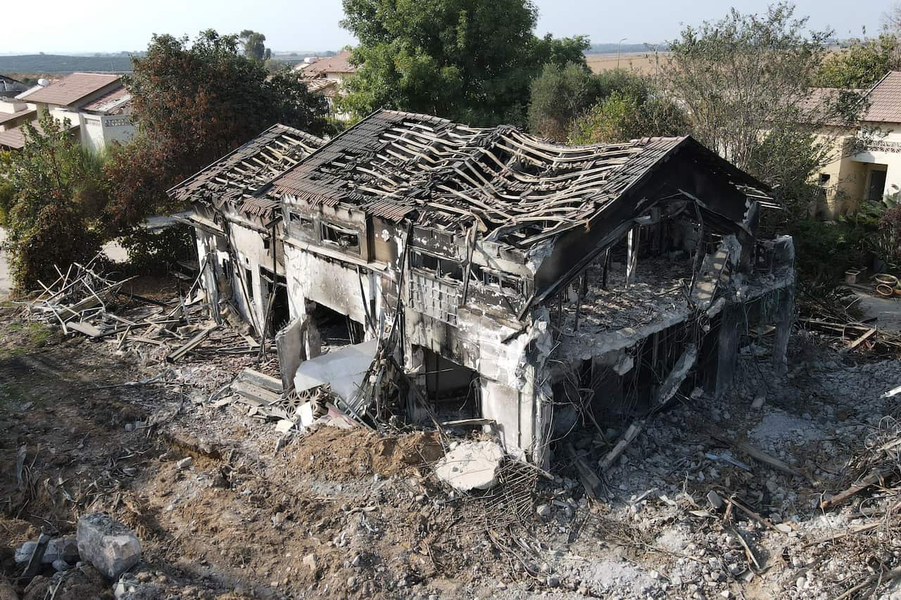 Aerial view of a burnt house.